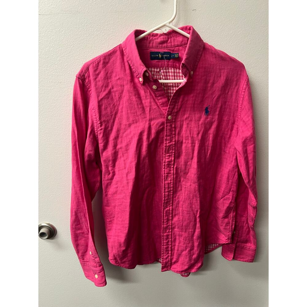 Ralph Lauren Women’s L Pink Double Face Gingham Cotton Button Down Pony Shirt - Picture 6 of 11